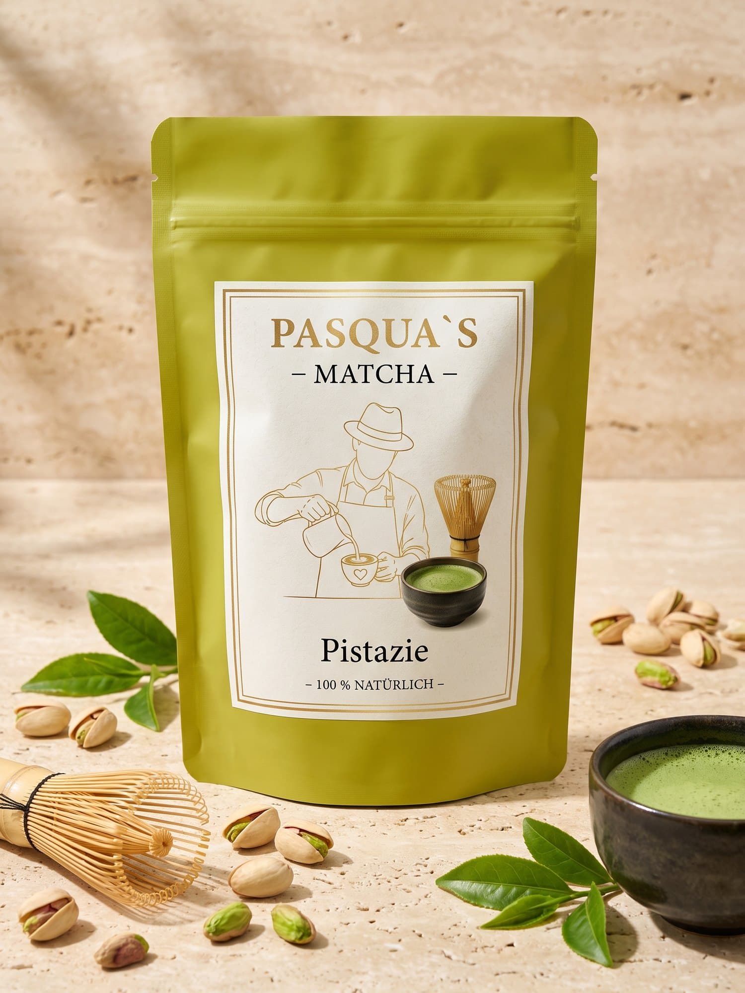 Pasqua's Matcha Pistazie – grüner Frischebeutel mit Pistazien, Matcha-Schale und Bambusbesen